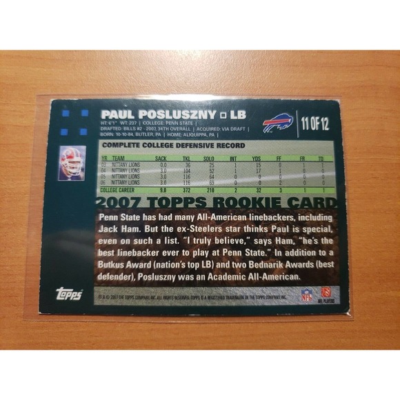 2007 Topps #11/12 Paul Posluszny - Rookie - Buffalo Bills - NFL - Picture 2 of 2